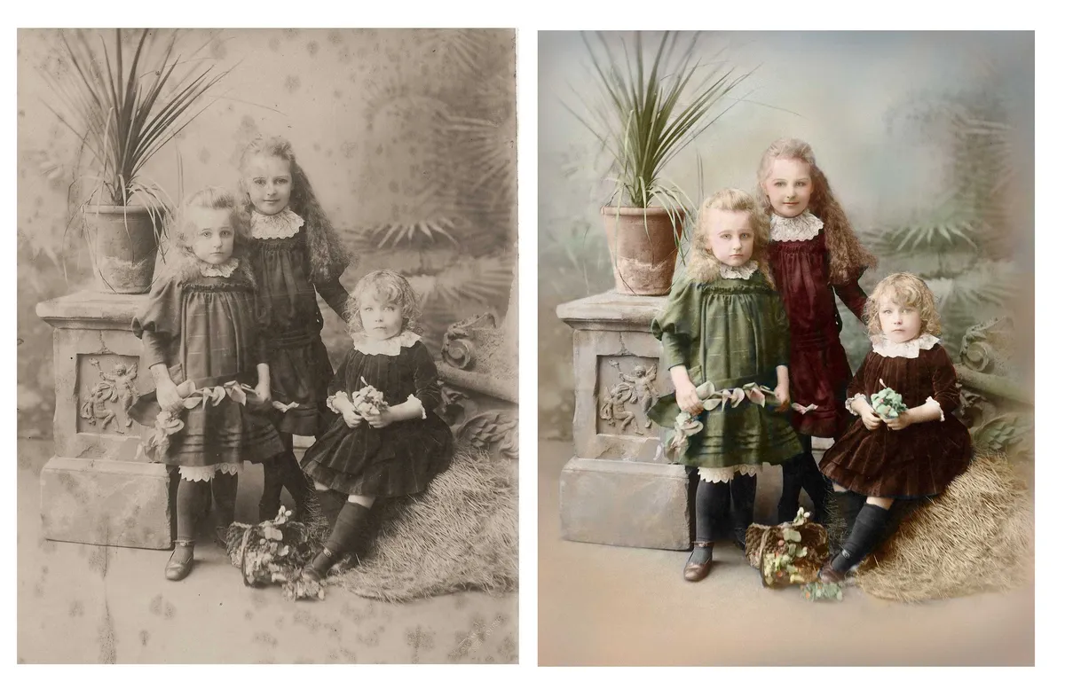 Three children in a studio portrait, before and after colour restoration