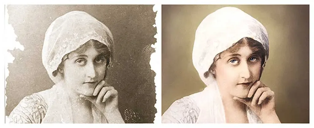 Damaged photograph of a young woman in a lace bonnet, before and after restoration