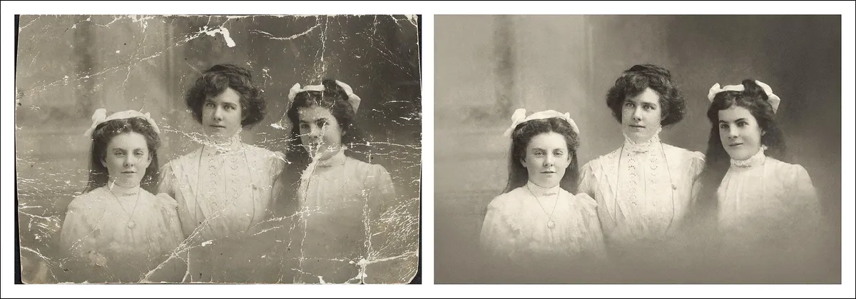 Faded colour print before and after correction