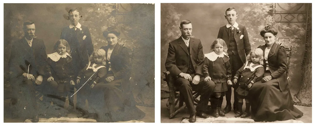 Damaged portrait before and after restoration